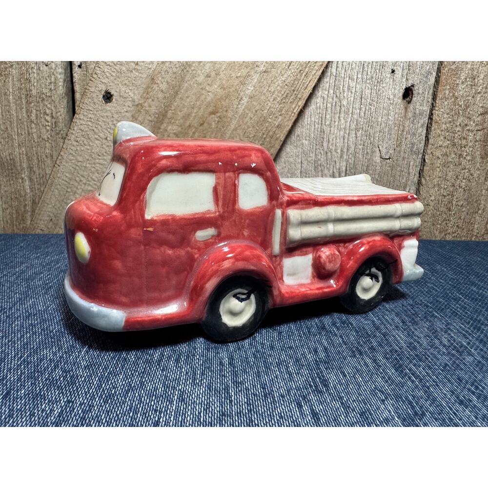 Vintage Hand Painted Fire Truck Bank Ceramic 6.5" Long 3" Tall With Stopper